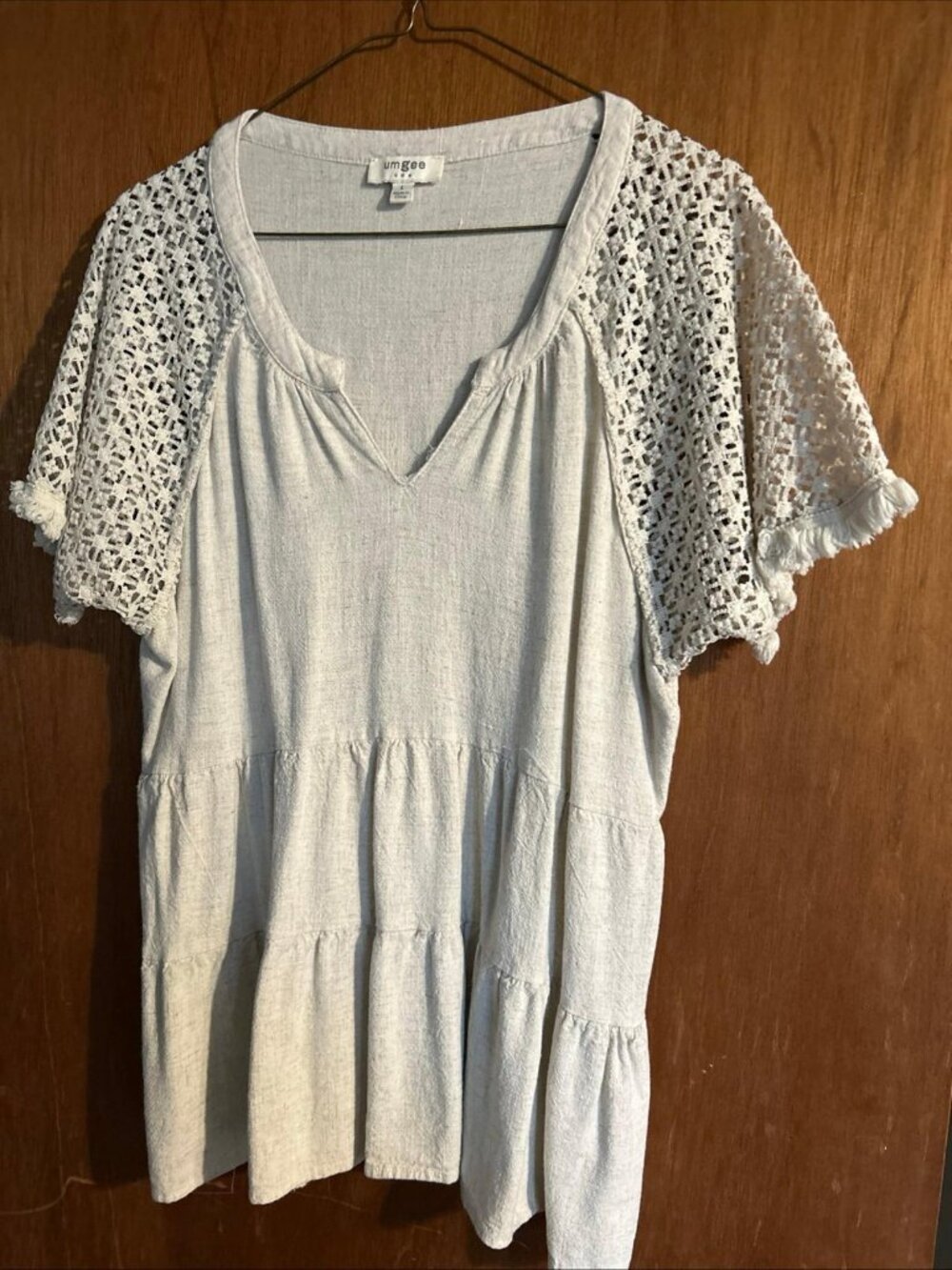 Umgee Linen Tiered Top Crochet Sleeves Large